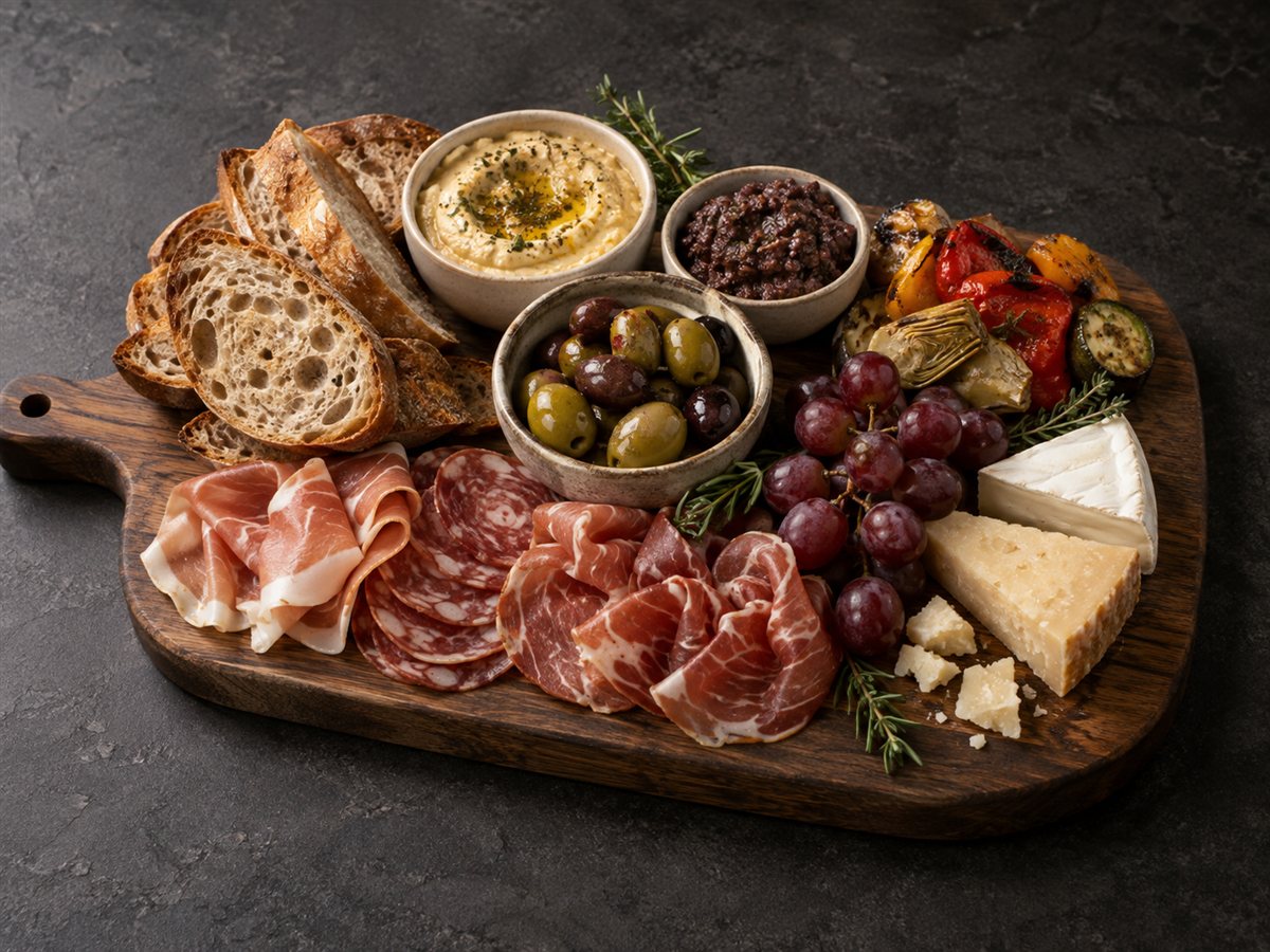 Savoury sharing platter with artisan bread, cheeses, cured meats, olives and roasted vegetables