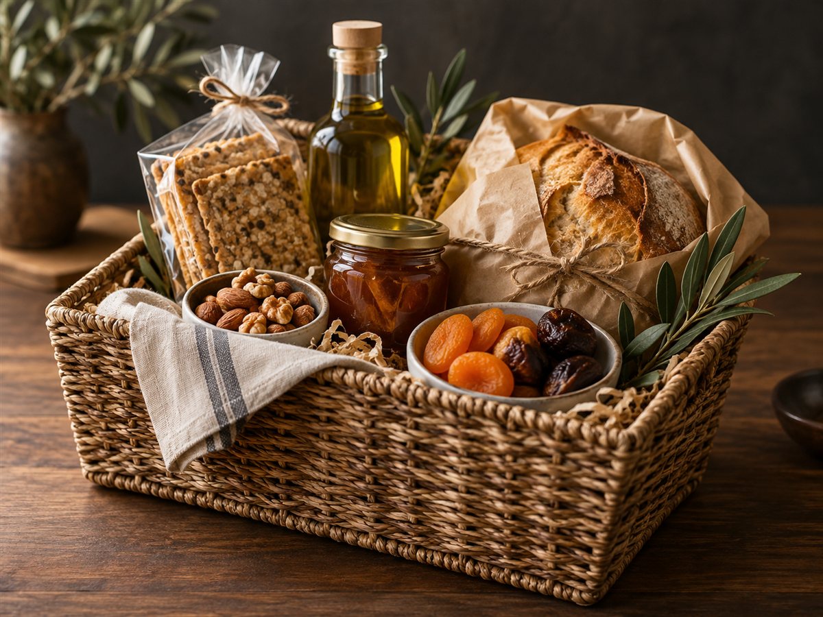 Speciality food hamper with artisan bread, olive oil, preserves, crackers, nuts and dried fruit